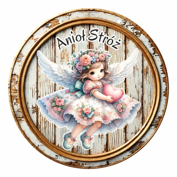 Drewniany anioł na drewnie koło MIX + sznurek jutowy