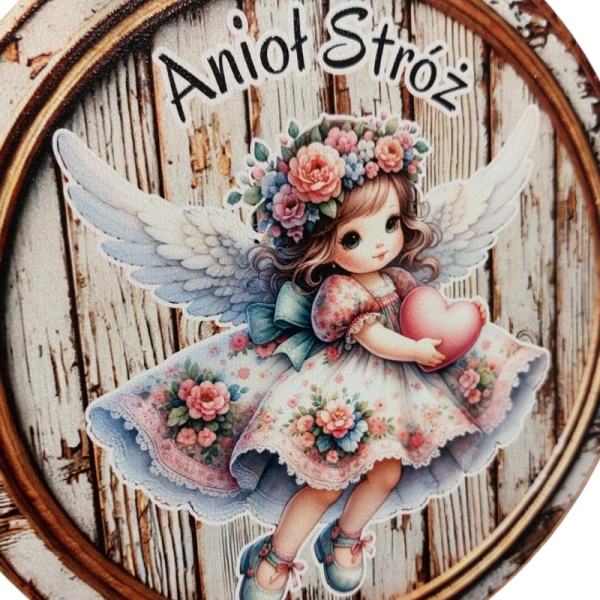 Drewniany anioł na drewnie koło MIX + sznurek jutowy