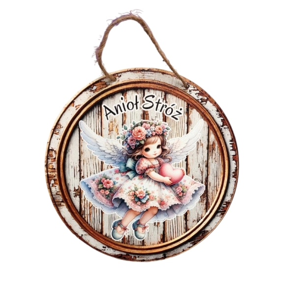 Drewniany anioł na drewnie koło MIX + sznurek jutowy