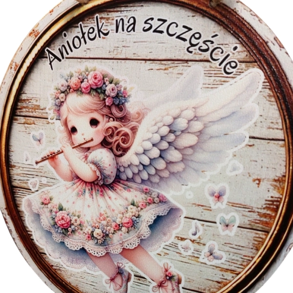 Drewniany anioł na drewnie koło MIX + sznurek jutowy