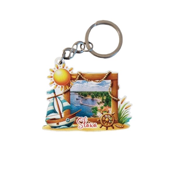 Drewniany brelok Słoneczna ramka z żaglówką