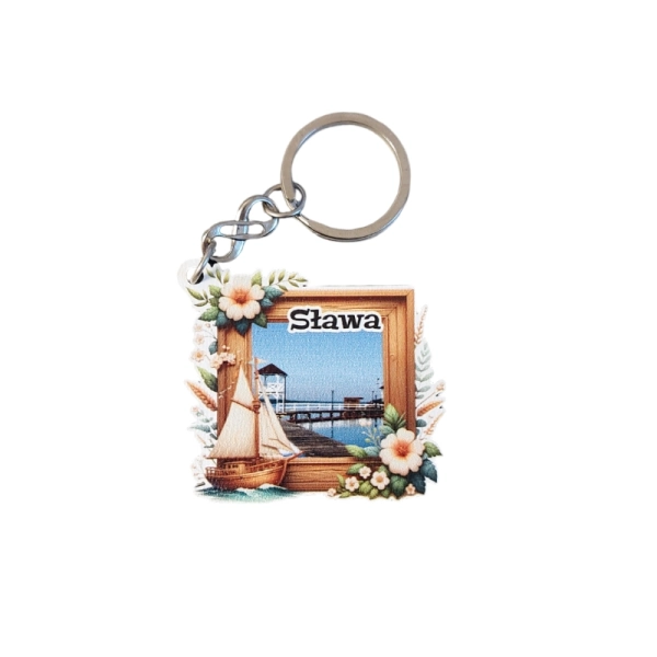 Drewniany brelok obrazek z żaglówką N2