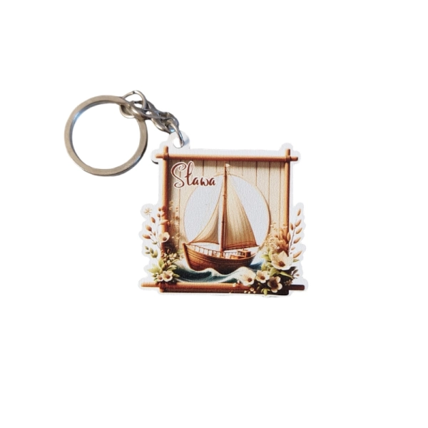 Drewniany brelok obrazek z żaglówką