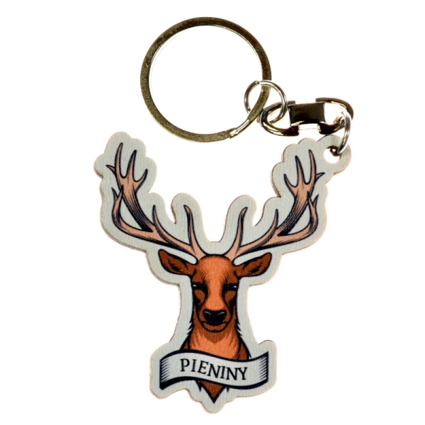 Breloczek w kształcie głowy jelenia z napisem.