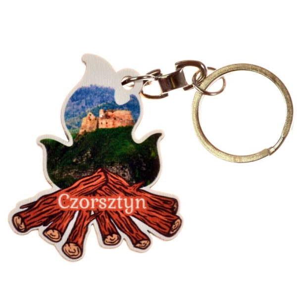 Breloczek w kształcie kształcie ogniska z grafiką namiotu nad wodą z górami, drewniany brelok, breloczek, brelok pamiątk