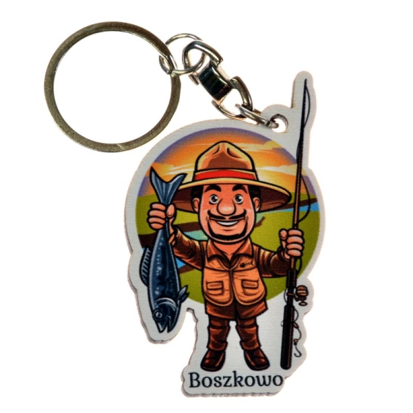 Breloczek w kształcie kształcie wędkarza trzymającego wędkę oraz złowioną rybę. drewniany brelok, breloczek, brelok pami