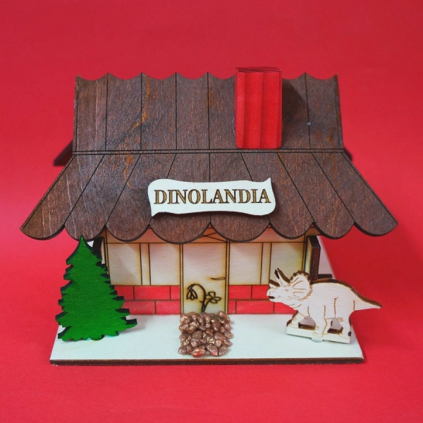 Drewniana skarbonka domek dinozaur