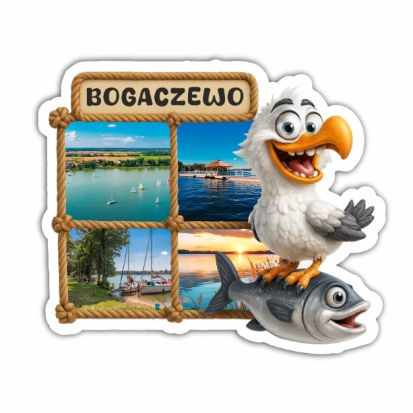 Drewniany magnes wesoła mewa z rybką i widokami