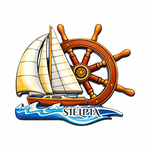 Drewniany magnes żaglówka na fali z kołem sterowym