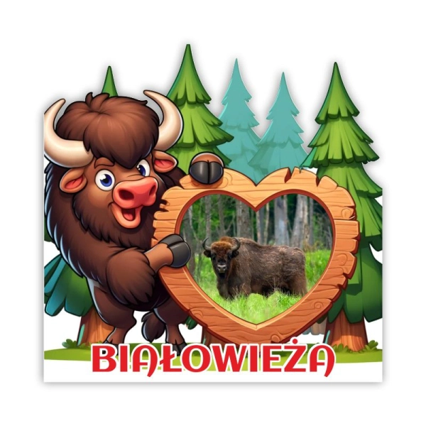 Drewniany magnes Żubr z drewnianym sercem N1