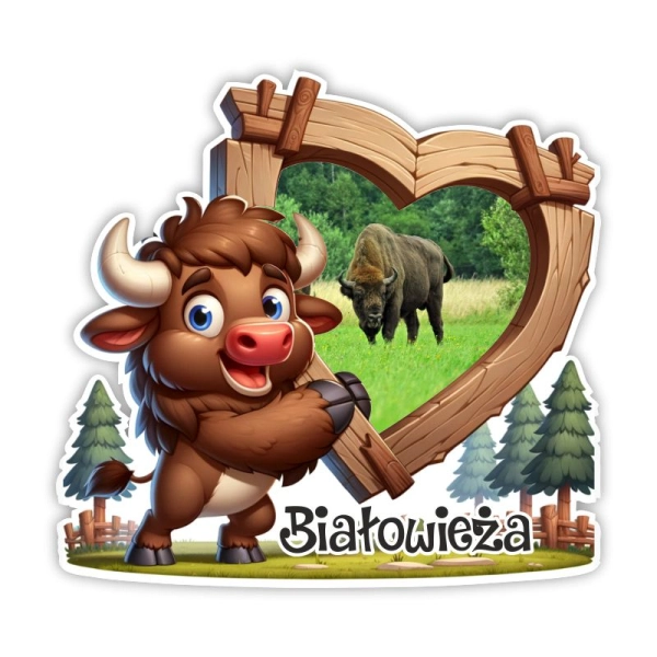 Drewniany magnes Żubr z drewnianym sercem N2