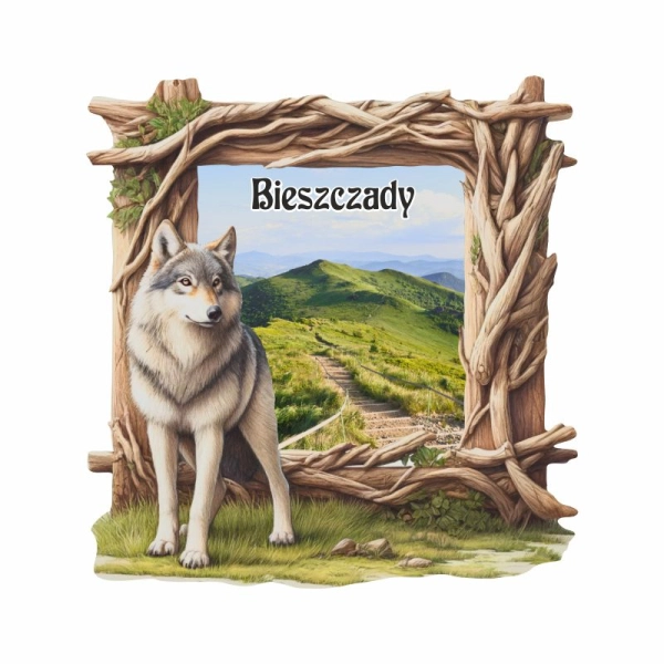 Drewniany magnes Wilk z ramką