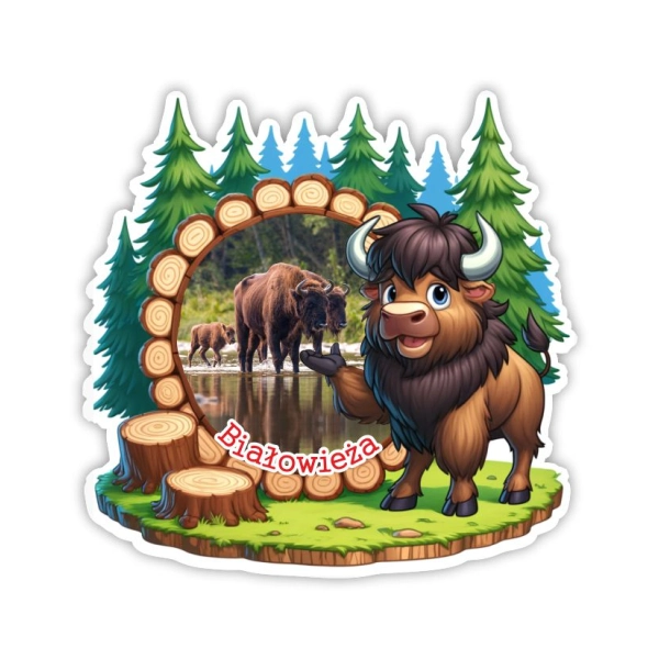 Drewniany magnes Żubr z drewnianym plastrem