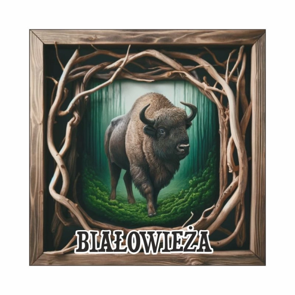 Drewniany magnes Kwadrat z żubrem N2