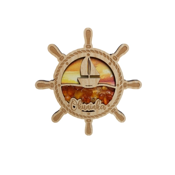 Drewniany magnes z Bursztynem - koło sterowe