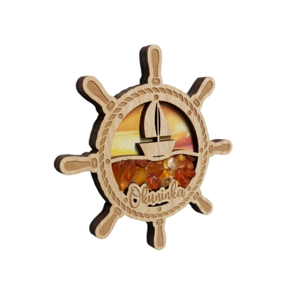 Drewniany magnes z Bursztynem - koło sterowe