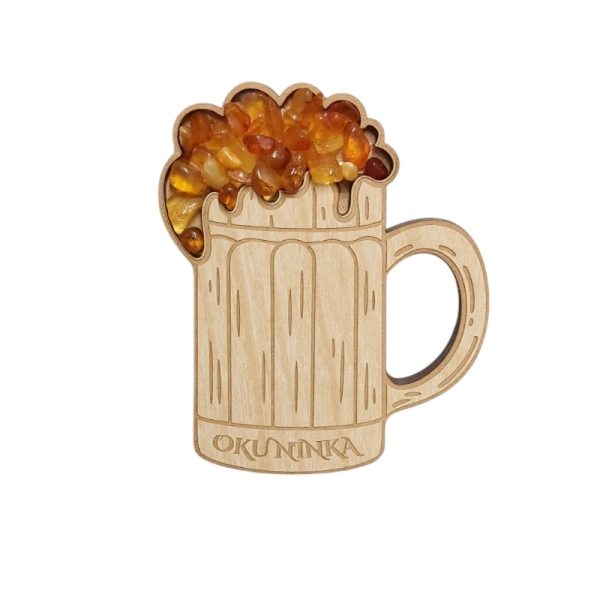 Drewniany magnes z Bursztynem - Kufel piwa