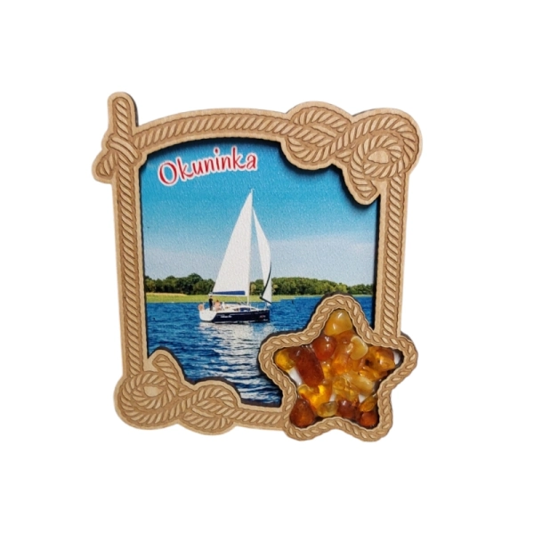 Drewniany magnes z Bursztynem ramka N4