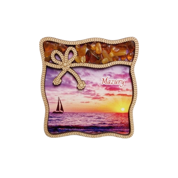 Drewniany magnes z Bursztynem ramka N5