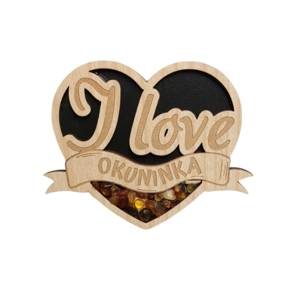 Drewniany magnes z Bursztynem - Serce I lov