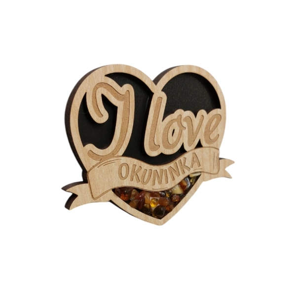 Drewniany magnes z Bursztynem - Serce I lov