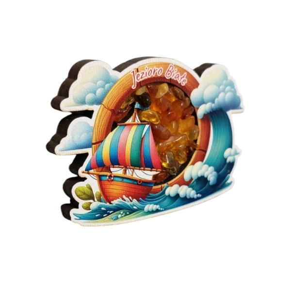 Drewniany magnes z Bursztynem - Żaglówka UV