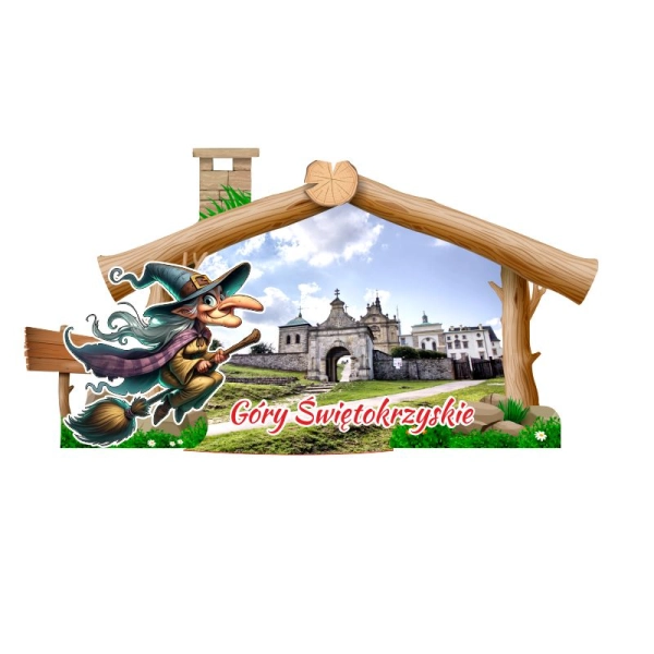 Drewniany magnes Domek z czarownicą N2