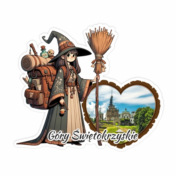 Drewniany magnes Czarownica Turystka