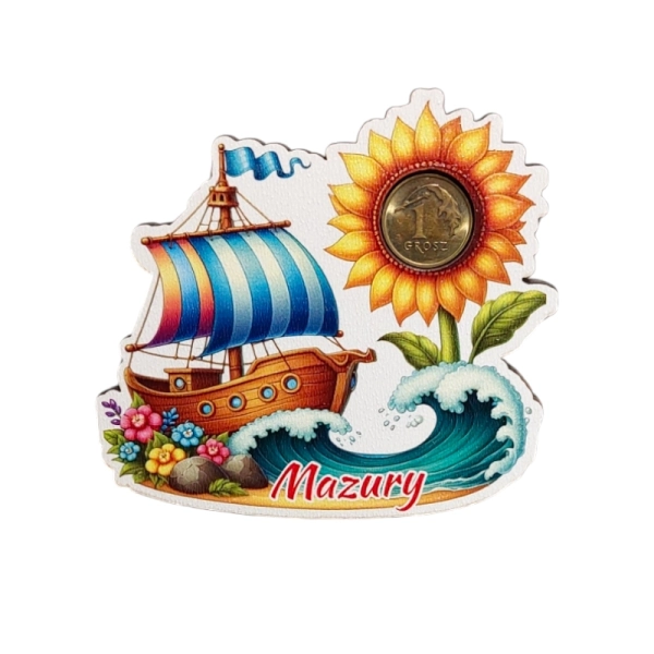 Drewniany magnes Żaglówka z grosikiem