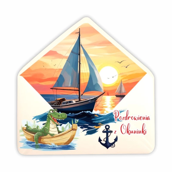 Drewniany magnes KOPERTA z żaglówką N2
