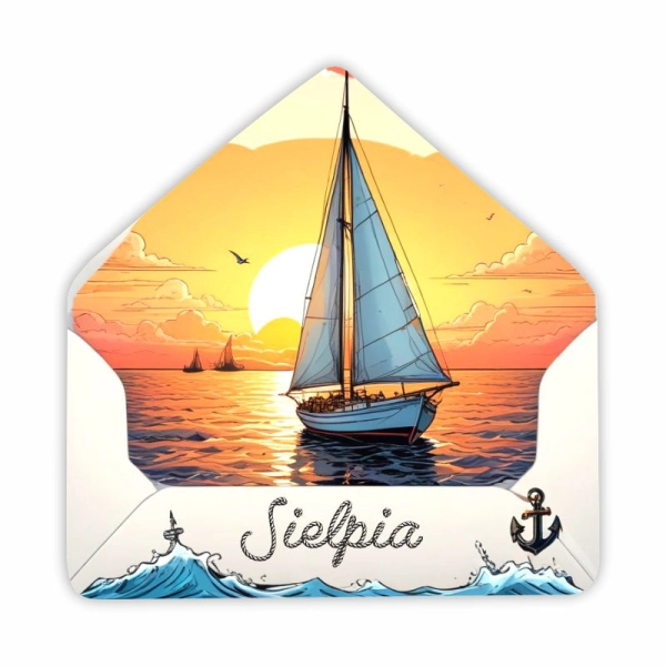 Drewniany magnes KOPERTA z żaglówką N3