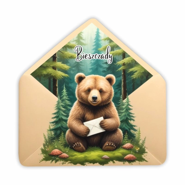 Drewniany magnes KOPERTA z niedźwiedziem N2