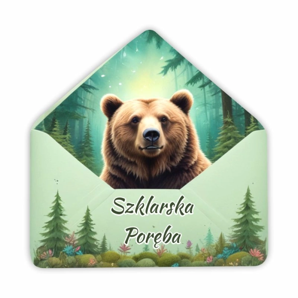 Drewniany magnes KOPERTA z niedźwiedziem N3