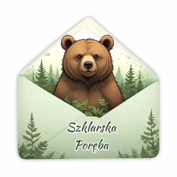 Drewniany magnes KOPERTA z niedźwiedziem N4