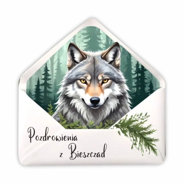 Drewniany magnes KOPERTA z wilkiem N1