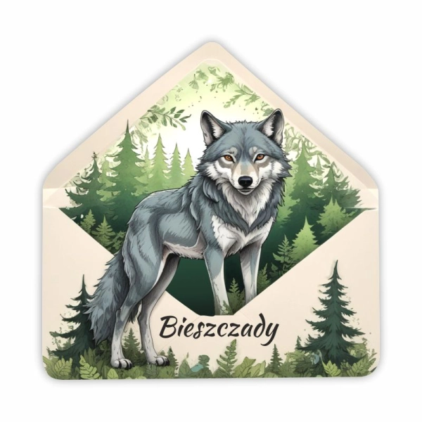 Drewniany magnes KOPERTA z wilkiem N2