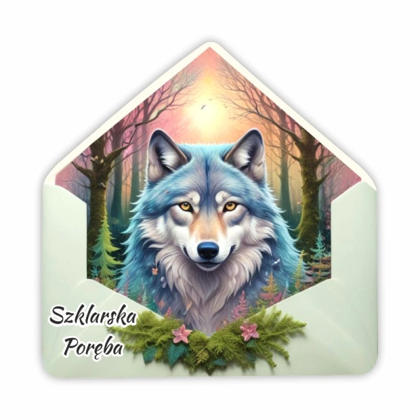 Drewniany magnes KOPERTA z wilkiem N3