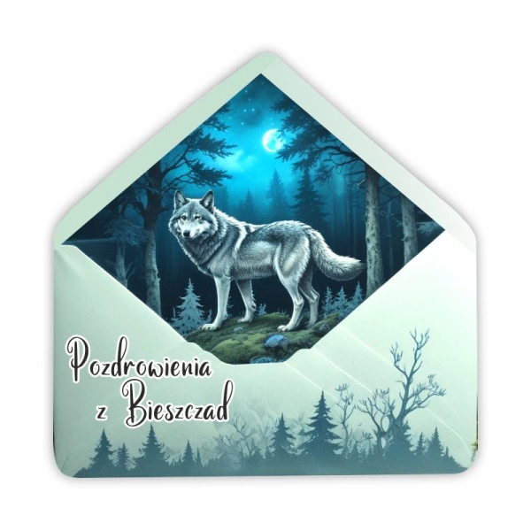 Drewniany magnes KOPERTA z wilkiem N4