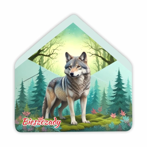 Drewniany magnes KOPERTA z wilkiem N5