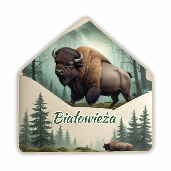 Drewniany magnes KOPERTA z żubrem N4