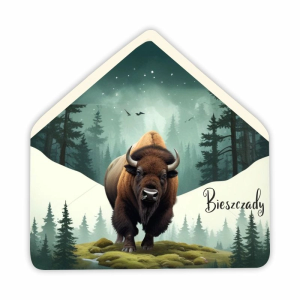 Drewniany magnes KOPERTA z żubrem N5