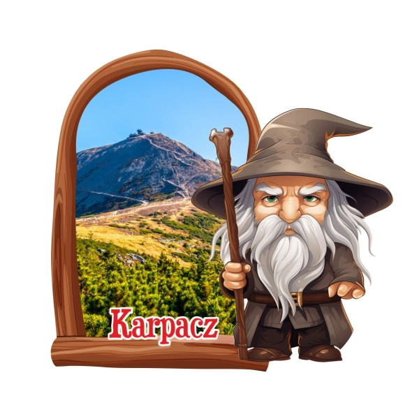 Drewniany magnes Rzepiór Karkonoski z widokiem