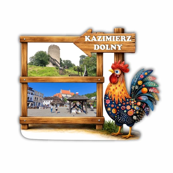 Drewniany magnes Kogut z drogowskazem