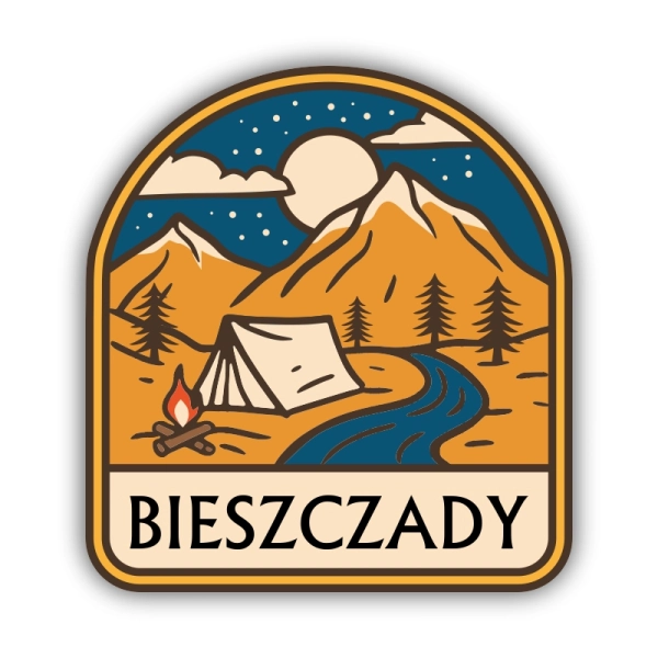 grafika gór z namiotem oraz z rzeką