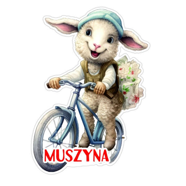 Drewniany magnes Owieczka na rowerze