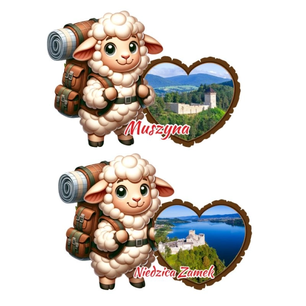 Drewniany magnes Owca Turysta z widokiem