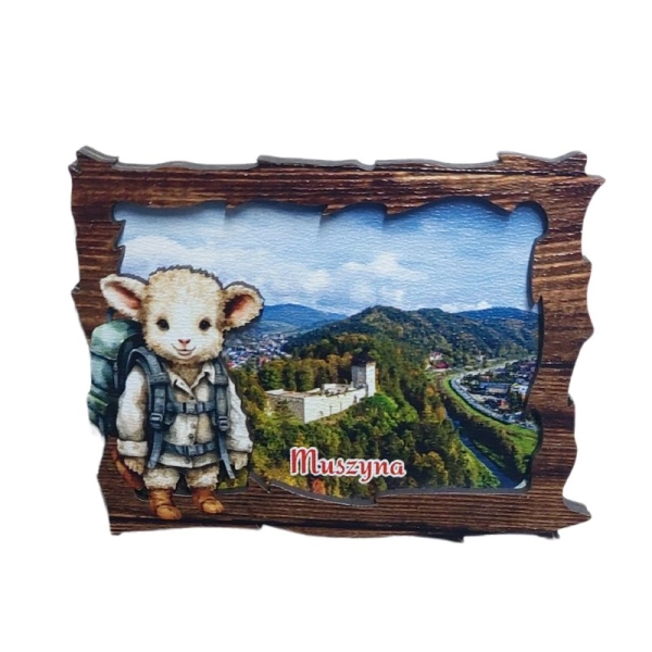 Drewniany magnes Owca Turysta z widokiem