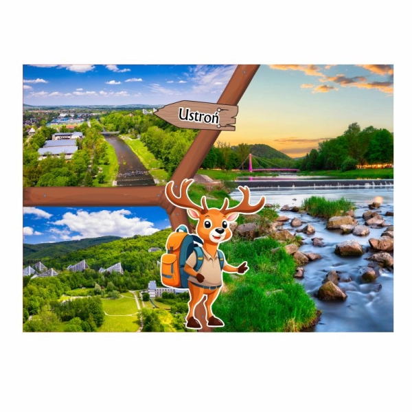 Drewniany magnes Pocztówka z Jeleniem+drogowskaz