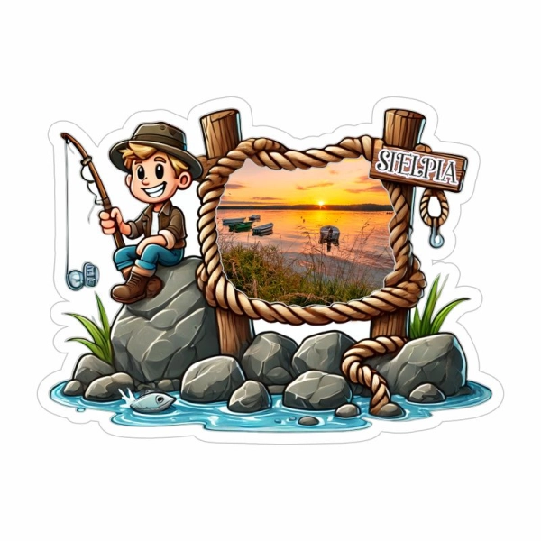 Drewniany magnes Wędkarz z ramką