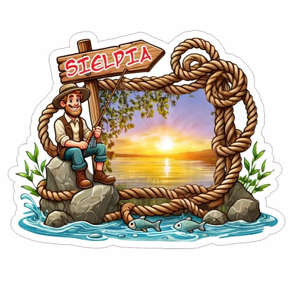 Drewniany magnes Wędkarz z ramką N2